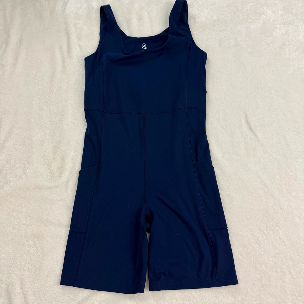 Lou & Grey Deep Blue Sleeveless Gym Romper With Bra and Pockets